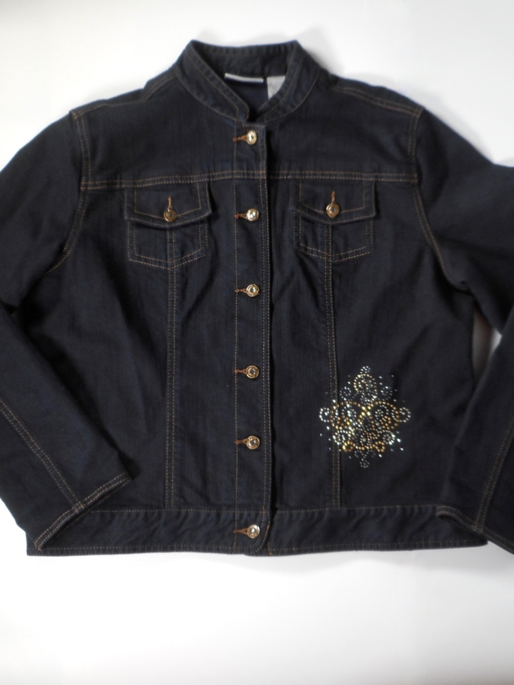 Chicos Platinum Sz 2 = Large 12 14 Dark Blue Denim Stretch Jean Jacket Bling